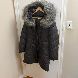 Via Spiga Women's Charcoal Puffer Jacket with Faux Fur Hood